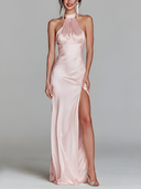 Women's Premium Minimalist Wedding & Party Gown — Sleeveless, Halter-Neck, Slim-Fit, Floor-Length Satin Maxi Dress ZMZ2848D4ZYY