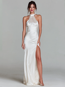 Women's Premium Minimalist Wedding & Party Gown — Sleeveless, Halter-Neck, Slim-Fit, Floor-Length Satin Maxi Dress ZMZ2848D4ZYY