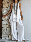 Women's Casual Solid Color Cotton Linen Vest And Trousers Two-Piece Set ZMZ1297E2XT
