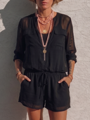 Women's Casual Vacation Style Chiffon Half-Zip Romper With Lining(Inner Tank Top Not Included) ZMZ1414E8YZH