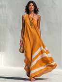 Women's Vacation-Style Cotton-Linen Color-Block One-Shoulder Loose Maxi Dress ZMZ1564E9SWL