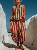 Women's Boho Vertical Stripe Print Linen-Blend Cami Top & Harem Pants Co-ord Set ZMZ2275E6YZH