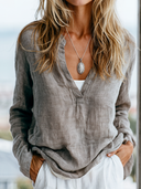 Women's Retro Casual Cotton Linen Henley Collar Long-Sleeve Shirt ZMZ2936E6ZJY