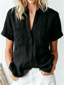 Women's Retro Casual Washed Linen Pocket Short-Sleeve Pullover Shirt ZMZ2974E5ZJY