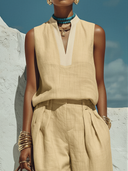 Women's Linen-Cotton Contrast Trim Stand Collar Sleeveless Blouse ZMZ0179F7YZH