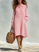 Women's Solid-Color Collared Pleated Long-Sleeve Cotton Midi Dress ZMZ0450F7XT