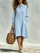 Women's Solid-Color Collared Pleated Long-Sleeve Cotton Midi Dress ZMZ0450F7XT