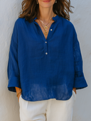 Women's Cotton Linen Stand Collar Button Long Sleeve Solid Color Shirt ZMZ0432F5XT