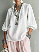 Women's Premium Minimalist Cotton-Linen V-Neck Lantern-Sleeve Shirt ZMZ0964F6ZYY