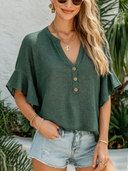 Women's Classic Dark Green Cotton-Linen V-Neck Loose Short-Sleeve Top ZMZ0992F8SWL