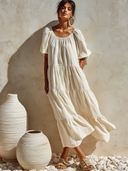 Women's Elegant Resort-Style Round Neck And Short Sleeves Cotton-Linen Loose-Fit Maxi Dress ZMZ0978F8ZYY