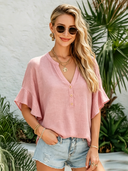 Women's Classic Dark Green Cotton-Linen V-Neck Loose Short-Sleeve Top ZMZ0992F8SWL