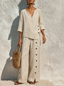 Women's Relaxed-Fit Cotton-Linen Crew-Neck Top And Trousers Two-Piece Set ZMZ1244F9XT