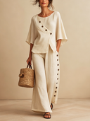 Women's Classic Cotton Linen Buttons Half Sleeve Top And Wide-Leg Pants Set