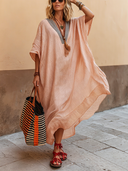 Women's Casual Resort-Style Flowy V-Neck Pleated-Texture Acetate Loose Maxi Dress ZMZ1650F2SWL