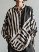 Women's Classic Casual Striped Print Cotton-linen Blend Loose-Fit Long-Sleeve Henley Shirt ZMZ0253G8ZYY