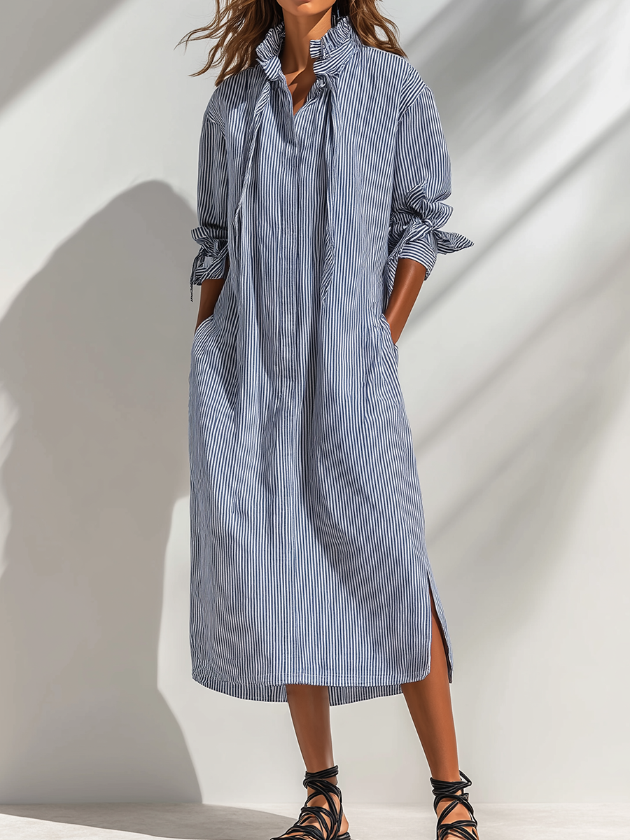 Women's Retro Casual Striped Long-Sleeved Midi Dress ZMZ0132G3ZJY – Zemurea