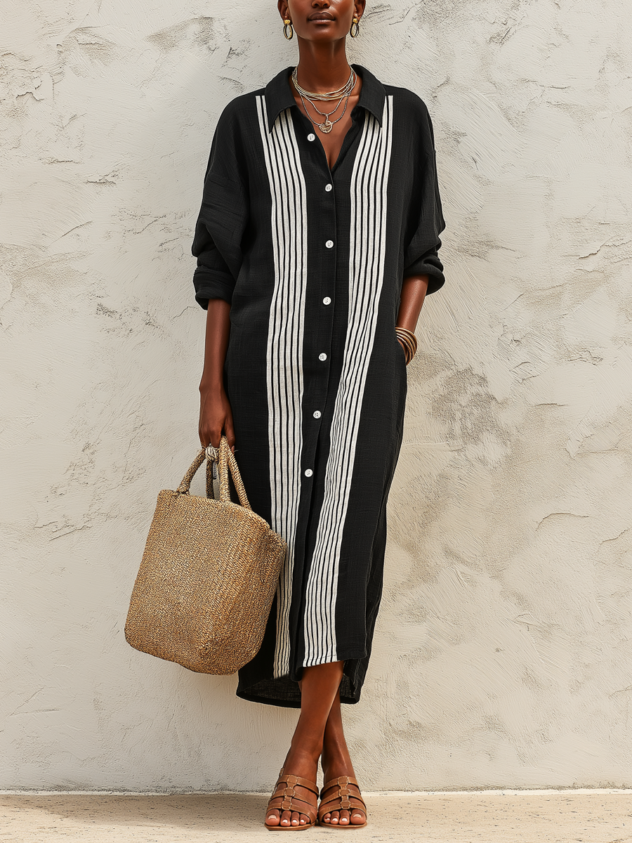Women's Classic Black Cotton Linen Color Block Long-Sleeved Shirt