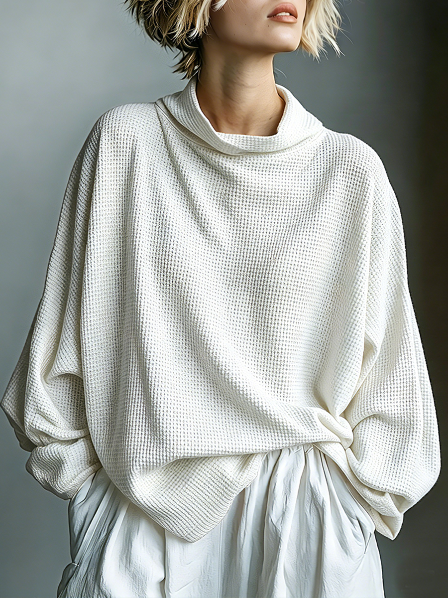Women's Classic Casual Waffle-Knit Stand Collar Long-Sleeve Loose