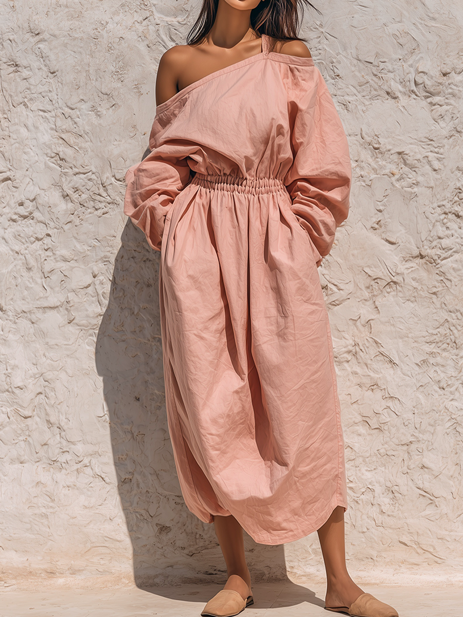 Women's Retro Casual Relaxed Loose Cotton Long-Sleeve Midi Dress ZMZ10 – Zemurea