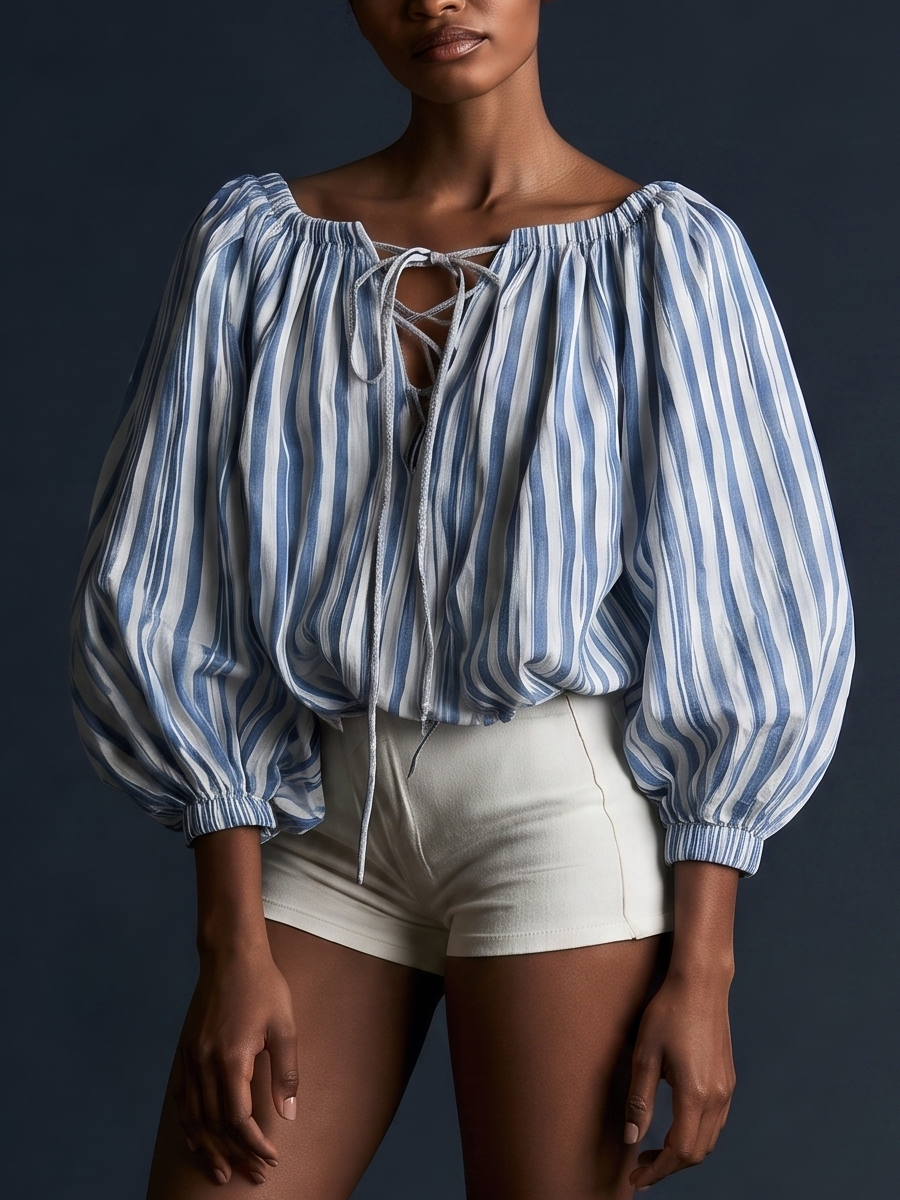 Women Vertical Stripe Blouse Off Shoulder Front Lace Up Puff