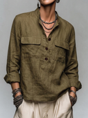Women's Vintage-Style Casual Cotton-Linen Stand Collar And Multiple Pockets Long-Sleeve Shirt ZMZ2939G3ZYY