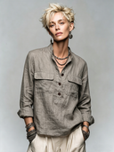 Women's Vintage-Style Casual Cotton-Linen Stand Collar And Multiple Pockets Long-Sleeve Shirt ZMZ2939G3ZYY