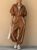 Women's Vintage Cotton Long-Sleeve Elastic-Waist Jumpsuit ZMZ3133G9SWL