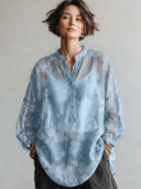 Women's Classic Casual Henley Neck And Lantern Sleeves Loose-Fit Jacquard Shirt (Includes Camisole)ZMZ3089G1ZYY