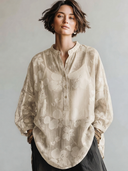 Women's Classic Casual Henley Neck And Lantern Sleeves Loose-Fit Jacquard Shirt (Includes Camisole)ZMZ3089G1ZYY