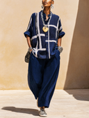 Women's Vintage Striped Color-Block Long-Sleeve Shirt And Wide-Leg Pants Set ZMZ3173G9SWL