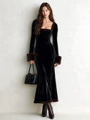 Women’s Vintage-style Navy Blue Velvet Slim-fit Long-sleeve Dress With Faux Fur Trim ZMZ2791J9SWL