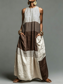 Women's Linen-Blend Color Block Striped Sleeveless Maxi Dress With Pockets ZMZ3041D9YZH