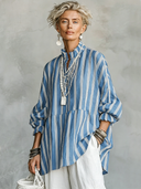 Women's Casual Retro Stand Collar, Vertical Stripes, Cotton-Linen Blend, Half-Sleeves Loose-Fit Shirt ZMZ2818E2ZYY