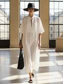 Women's High-end Vintage Style Hollowed-out Lace Patchwork Cotton And Linen Short-sleeved Maxi Dress ZMZ2785B9K