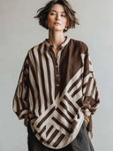 Women's Classic Casual Striped Print Cotton-linen Blend Loose-Fit Long-Sleeve Henley Shirt ZMZ0253G8ZYY