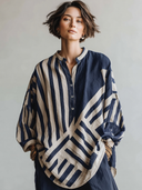 Women's Classic Casual Striped Print Cotton-linen Blend Loose-Fit Long-Sleeve Henley Shirt ZMZ0253G8ZYY