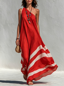 Women's Vacation-Style Cotton-Linen Color-Block One-Shoulder Loose Maxi Dress ZMZ1564E9SWL