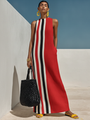 Women's Casual Vacation-Style Cotton-Linen Blend — Contrast Print, Round Neck, Sleeveless Maxi Dress ZMZ0734E5ZYY