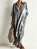 Women's Retro Casual Plaid Print Cotton Linen Shirt Long Sleeve Midi Dress ZMZ2304E8ZJY