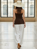 Women's Fashionable Old-fashion Cotton And Linen Blend Strapless Top And Elastic Waist Pants Set ZMZ1220B7K