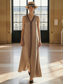 Women's High-end Old-money Style Embroidered Tencel And Linen Blend V-neck Sleeveless  Maix Dress ZMZ1099B5K