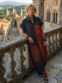 Women's Vintage Casual  Blend  Printed Henley-Neck Short-Sleeve Maxi Dress ZMZ1923E2ZYY