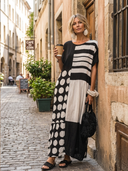 Women's Casual Retro Cotton-Linen Spliced  — Round Neck, Short Sleeve, Loose Fit, Maxi Length Dress ZMZ2153E0ZYY