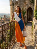 Women's Casual Vacation-Style Loose-Fit, Sleeveless, V-Neck, Multi-Color Patchwork Cotton-Linen Maxi Dress ZMZ1560E8ZYY