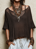 Women's Retro Bohemian Style Hollow-Out Knit Short-Sleeve Frayed Edge Pullover Sweater ZMZ1954H5ZJY