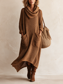 Women's Stylish Brown Knitted Midi Dress– Loose Fit, High Stretch, And Cowl Neck ZMZ0329I3SWL