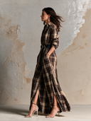 Women's Retro Casual Elegant Plaid Lapel Long Sleeve Maxi Dress ZMZ2652H4ZJY