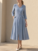 Women's V-Neck Button-Front Linen Midi Dress ZMZ0735I7XT