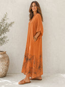 Women's Retro Casual Lazy Style Cotton Linen Floral Print Batwing Sleeve Henley Collar Maxi Dress ZMZ1540G0ZJY